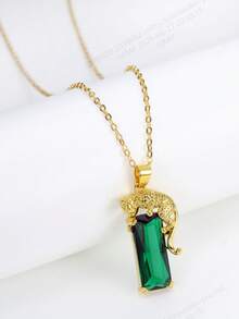 1 pezzo Lussuosa collana in catena di rame con pendente leopardato e zirconi verdi, accessorio per feste e come regalo