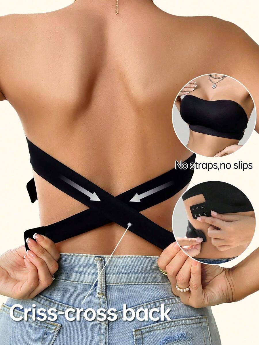 女士无缝无肩带文胸性感侧扣文胸无缝交叉后背纯色无线文胸柔软胸垫舒适文胸可调节肩带女士贴身内衣弹力内衣管，新娘内衣上衣透气吊带背心不透明完美搭配无肩带连衣裙适合日常穿着 - 黑色 - 查看 1