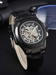 LONGLUX 1pc Men's Hollow Automatic Mechanical Waterproof Fashion Leather Band Watch - Black - View 6