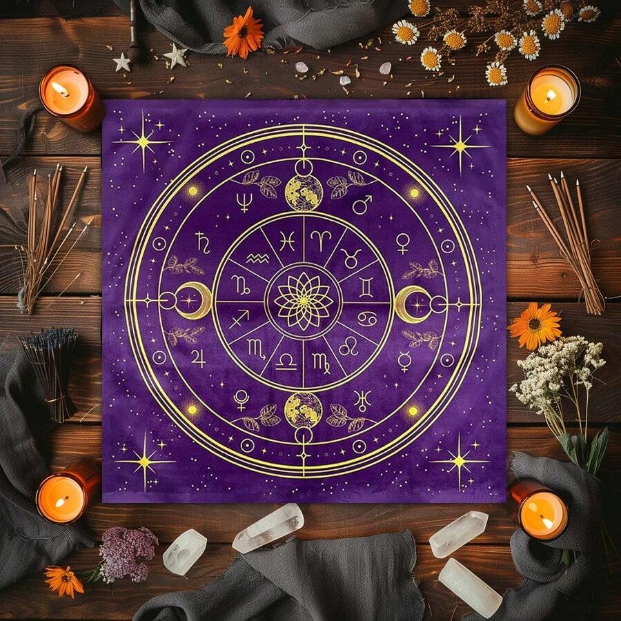1pc Mystical Tarot Constellation Square Altar Cloth - Witchy Nature Tablecloth With Tarot Card Reading Design Perfect For Spiritual Occasions And Festivals, Mystical DecorCelestial Theme Suitable For Divination Beginners Placenta - Black - View 1