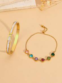 2pcs Anti-Allergic Luxury 18K Gold Moissanite Diamond Bracelet & Bangle Set | Layered Wearing Jewelry Set, Gift For Girlfriend, Friend On Valentine's Day, Birthday