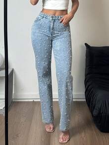 Women's Denim Straight Leg Pants Are Made Of Loose And Comfortable Denim Fabric, With Nail Bead Craftsmanship And Pockets, Suitable For Party Occasions(The Size Is Slightly Small; It Is Recommended To Order One Size Up.) - 淺色水洗藍 - 查看 5