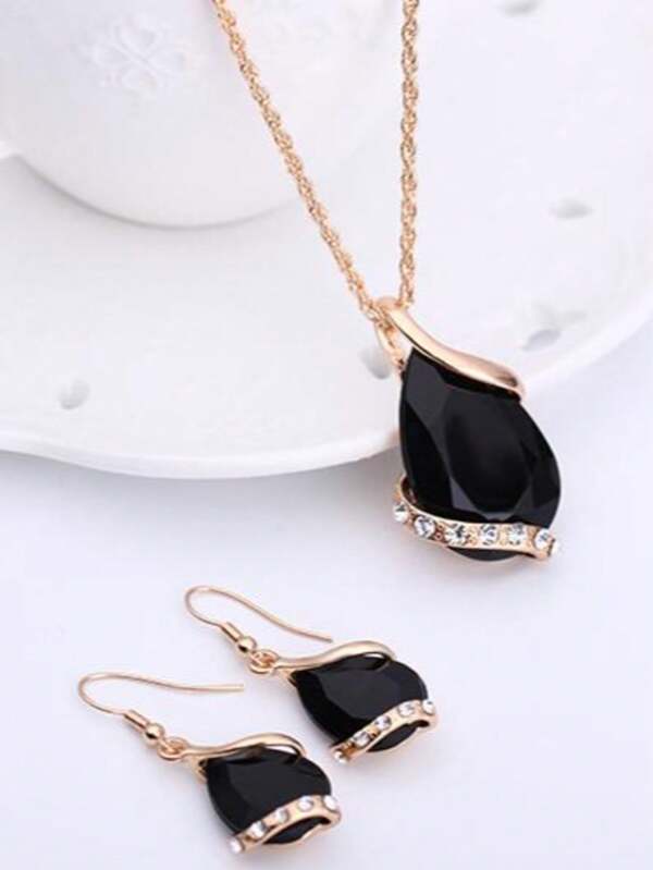 1 Set Women Crystal Pendant Gold Plated Chain Necklace Earring Jewelry Set