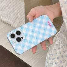 Funda de teléfono con diseño de tartán azul de doble capa con brillo y patrón de argyle, compatible con iPhone 16 Pro Max / iPhone 15 Pro Max / iPhone 14 Pro / iPhone 13, estilo coreano, de moda, minimalista, artístico