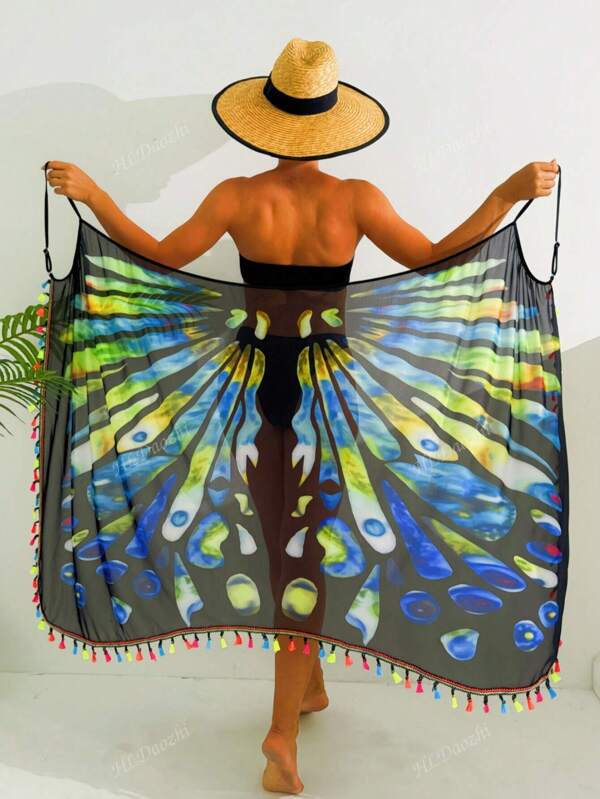 Womens Swimsuit Cover Up, Boho Butterfly Print Mesh Beach Dress, High Stretch Fabric - Polyester & Spandex Blend, Sexy Sheer Scarf - Breathable Summer Shawl Sun Protection Beach Wrap With Colorful Fringe Tassels, Suitable For Swimming Pool, Beach, Holiday