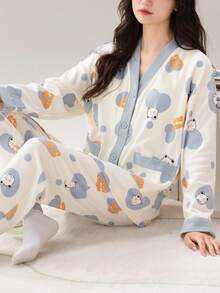 女士V领睡衣套装（两件套），长袖上衣和长裤，柔软舒适，适合春秋季和秋冬季穿着。