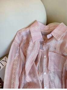 女士优雅休闲刺绣提花衬衫 粉色 春季 - 粉色 - 查看 3