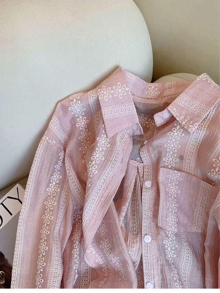 Áo kiểu nữ thanh lịch, thoải mái, thêu jacquard, màu hồng, mùa xuân. - Hồng - Xem 3
