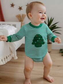 Mono de manga larga a rayas para bebé, con estampado de calabaza, fantasma, árbol y pavo, ropa de invierno y otoño para niños y niñas - Verde - Ver 5