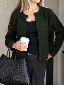 Knit Mix Áo khoác cardigan dệt kim dáng rộng kiểu Pháp thanh lịch, dành cho nữ, cổ tròn, tay dài, màu trơn, thích hợp mặc ngoài dịp Giáng sinh, Lễ Tạ ơn, Năm mới, Thu/Đông. - Màu xanh lá cây đậm - Xem 6