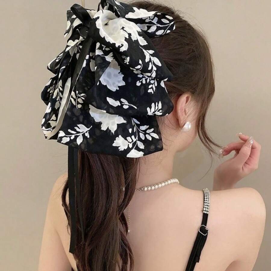 1 Hot Selling Exquisite Antique Style Flower Printed Ribbon Bow Plastic Hair Clip, Simple And Fashionable Large Hair Clip, Anti Slip Ponytail Buckle Hair Accessory, Birthday Banquet, Vacation Beach - A Fashionable Thing For Girls In Extra Rooms - màu đen - Xem 1