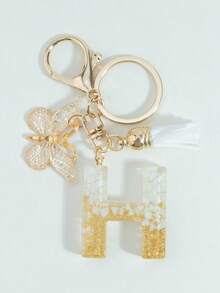 可爱字母钥匙扣，白色钥匙扣，金色箔印大写字母树脂钥匙圈吊坠，蝴蝶流苏挂饰，时尚钥匙扣，女士礼物，钱包包包装饰，父亲节、母亲节、生日、感恩节、圣诞节礼物，创意礼物，带证件套挂绳，汽车配件，包包挂饰 - 白色 - 查看 18