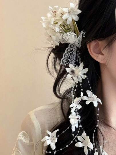 Women's Fresh, Fashionable And Minimalist White Artificial Flower Lace Ribbon, Suitable For Daily Use, Home, School, Beach, Office, Commute, Party, Holiday, Birthday, Back To School, New Year, Valentine's Day, Mother's Day, Wedding, Music Festival, Graduation, Claw Clips, Hair Claws, Clips For Hair, Hair Slide, Hair Barrettes, School Stuff, White Hair Accessories