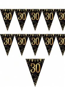 1件生日快乐横幅，黑金生日装饰，适用于18、21、30、40、50、60岁生日派对装饰，黑色背景金色横幅三角旗 - 彩色 - 查看 6