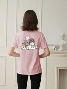 1pc Girls Casual Cat Print Crew Neck Short Sleeve T-Shirt, Summer Student Young Childrenswear - Cute Cat Group Artistic Style T-Shirt Inspires Imagination And Self-Expression