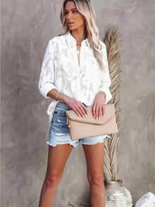 大码女式休闲提花衬衫，宽松纹理白色长袖衬衫，适合秋季、返校、日常穿着、度假 - 白色 - 查看 5