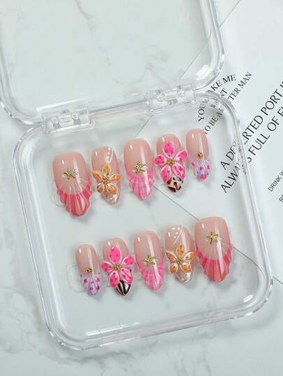 10 piezas de uñas postizas de punta francesa hechas a mano, uñas postizas de almendra con decoración de flores 3D y líneas de ondas de agua, con accesorios de metal y diseños brillantes de cobertura completa para uso diario de mujeres y niñas, suministros de uñas