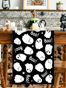 1 pieza Camino de mesa de poliéster con diseño blanco y negro de fantasma lindo de 35*180cm, con el texto "¡Buu!" Adecuado para fiestas de Halloween, decoración de temas de terror, restaurantes, cocinas o reuniones en el hogar, artículos para fiestas