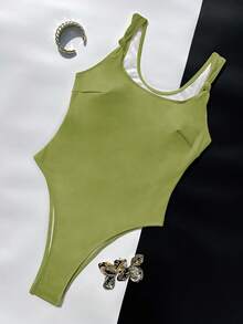 Women's Solid Color Square Neck One-Piece Swimsuit. Designed With A Minimalist Square Neckline And Wide Straps, Radiating Vitality With A Bright Color Tone. - Green - View 5