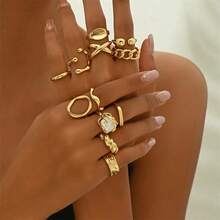 12 件女士可调节几何独特设计不对称奢华戒指套装 [有些戒指是开口但不可调节，请勿用力弯曲，否则可能会断裂，尺寸已标注]