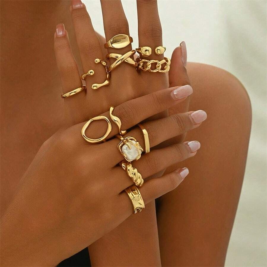 12 件女士可调节几何独特设计不对称奢华戒指套装 [有些戒指是开口但不可调节，请勿用力弯曲，否则可能会断裂，尺寸已标注]