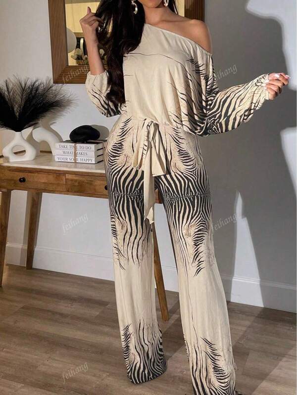 Plus-size skinny jumpsuit met tropische print voor dames, gebreide stof, geschikt voor dagelijks gebruik en reizen, herfst