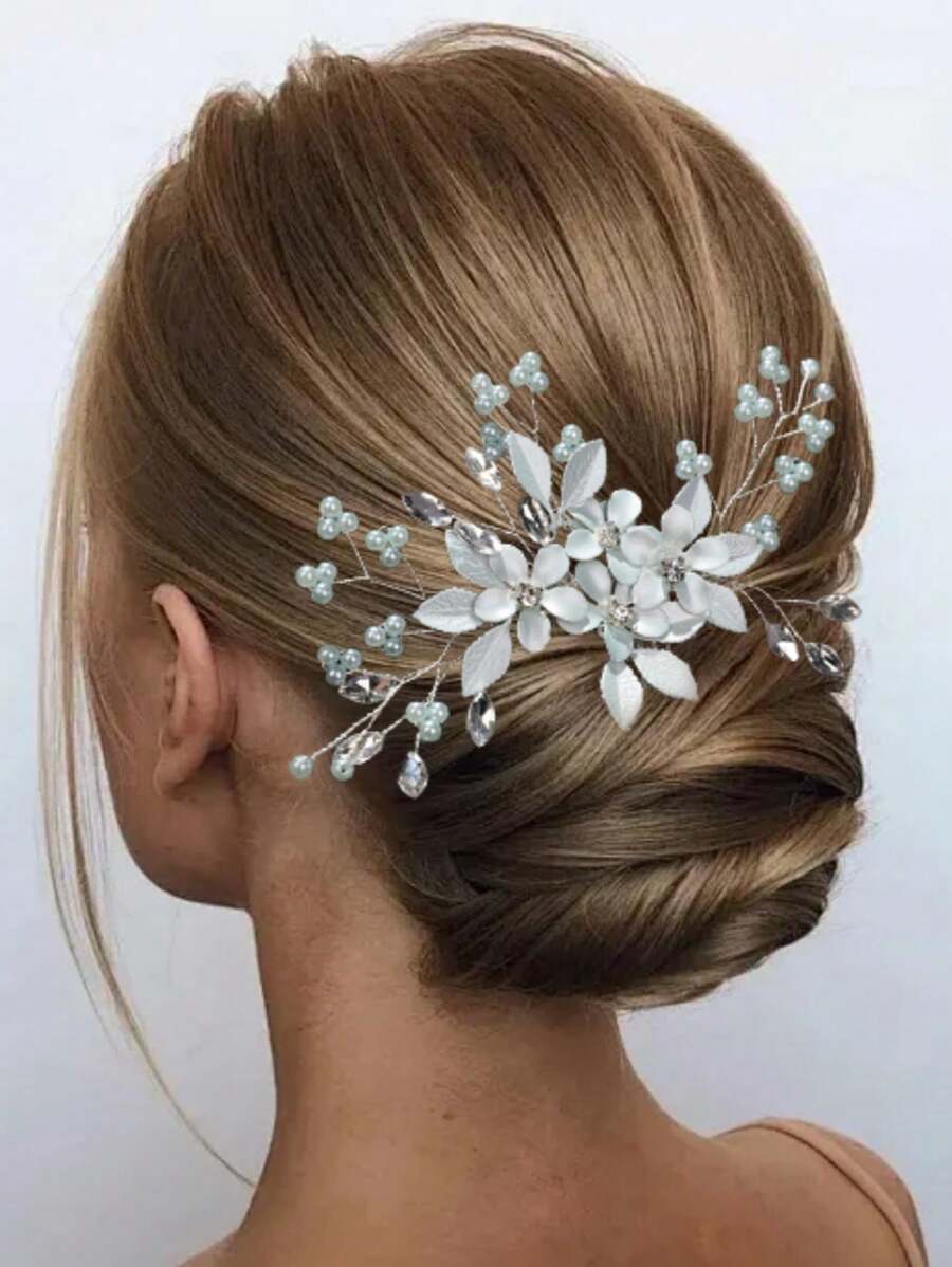 1 Stück handgemachter Kamm mit Blume aus Kunstperlen als Haarschmuck, Braut-Krone als Kopfschmuck für die Hochzeit