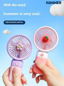 1 pezzo Ventilatore portatile mini alla moda con motivo a fragola, fiore e frutta, multifunzionale come supporto per telefono, ricaricabile USB, regalo a tema cartoni animati, accessorio essenziale per rinfrescarsi all'aperto