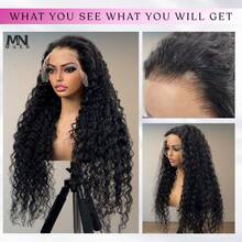 13x6 自然黑色卷曲蕾丝前部真人发假发 200 密度深波浪蕾丝前部假发混合发深卷发假发无胶假发预拔自然发色自然发际线带婴儿头发 8-34 英寸