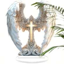 1pc Bohemian Style Acrylic Angel Wing Cross Decoration - 2D Desktop And Window Display Decor, No Electricity Needed, Suitable For Various Room Types, Gift And Sun Catcher, Random Style