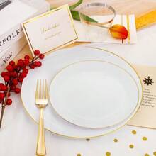 Festiva Juego De 176 Platos De Plastico Blanco Y Dorado Color Blanco Con Borde Dorado 25 Invitados Incluye Platos Tazas Cubiertos Servilletas Para Fiesta De Año Nuevo Boda Y Pascua - Redondodorado - View 6