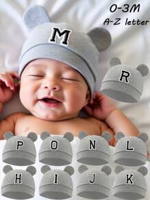 1 pezzo Cappellino da neonato con orecchie di orsetto e 26 lettere, berretto morbido per bambine e bambini in colore unito, copricapo per bambini piccoli, ideale per foto neonati 0-3 mesi