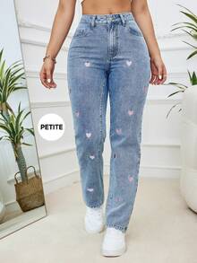 女士时尚休闲粉色爱心刺绣蓝色雪花弹力牛仔裤，适合春夏秋冬小码 - 淺色水洗藍 - 查看 1