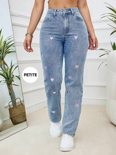 女士时尚休闲粉色爱心刺绣蓝色雪花弹力牛仔裤，适合春夏秋冬小码