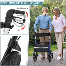 IsEasy Rollator Walker For Seniors, Lightweight Foldable Walker With Seat Supports 250lb, 8" Big Wheels For All Terrain, Dual Height Adjustment, Aluminum Walkers With 5" Ultra Backrest For Seniors, Silver - 淺藍色 - 查看 8
