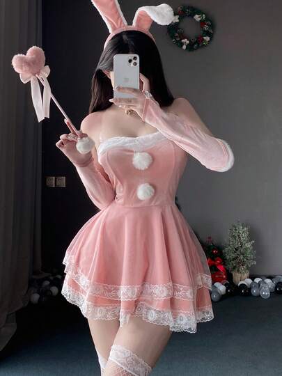 四件套性感内衣套装，天鹅绒连衣裙，兔耳朵毛球蕾丝装饰，性感诱惑，节日庆典服装，情人节圣诞节服装