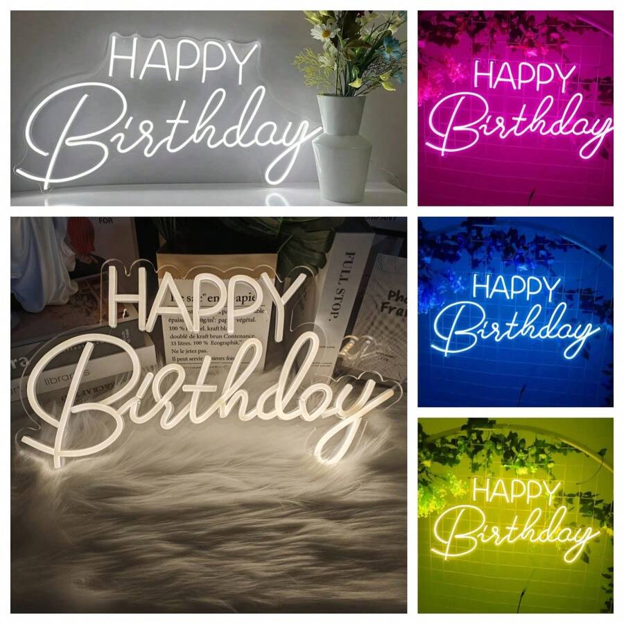 1pc Happy Birthday LED Neon Light, Warm White Wall-Mounted LED Lamp, With Switch, USB Powered, Plastic Material, 16.5*9.8 Inches - Multicolor - View 1