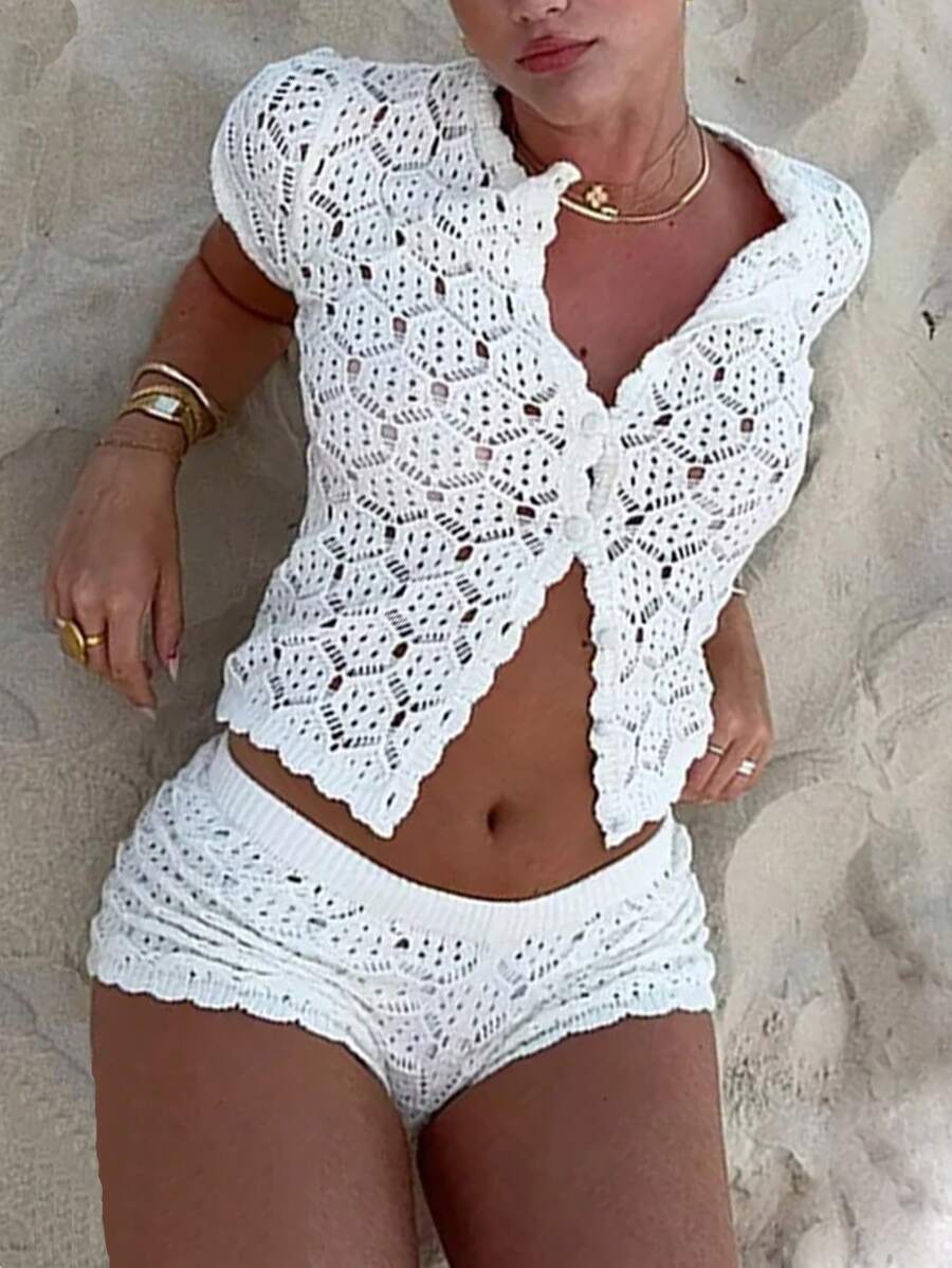 Womens Short Sleeve See Through Button T Shirts With Shorts Set Two Piece Kint Outfits - trắng - Xem 1