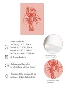 1 件鲜艳的红色龙虾帆布艺术印刷品 - 海洋生物插图，无框海洋海鲜墙饰，适用于厨房、客厅、卧室、室内/室外使用，龙虾装饰
