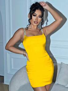 Joyfunear Vestido mini ajustado de tirantes finos de unicolor y simple para mujer - Amarillo - Ver 4