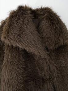 Women's Fashion Casual Faux Fur Collar Long Sleeve Coat - Coffee Brown - View 8