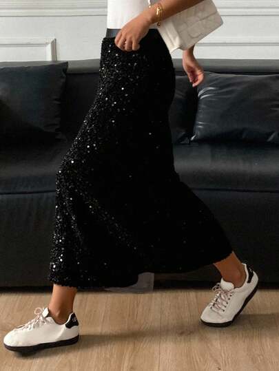 Livesso Paljettdekorerad kjol för kvinnor, skolstartsfest, höstkläder, lyxiga vinterkjolar för kvinnor, nyårsoutfit för kvinnor, karneval