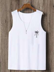 Men's Narrow Shoulder Coconut Tree & Letter Double-Sided Print Tank Top - White - View 4