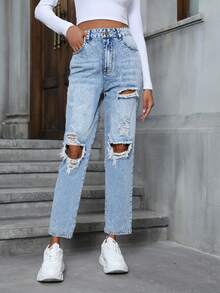 Pantalones vaqueros rotos y casuales de tela vaquera versátiles y de moda tipo 'mom', de ajuste relajado para uso diario y viajes, ideales para primavera/verano - Azul - Ver 5