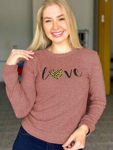 Fleece Blouse With Cuffs And Love Print, Warm Winter - 棕色 - 查看 1