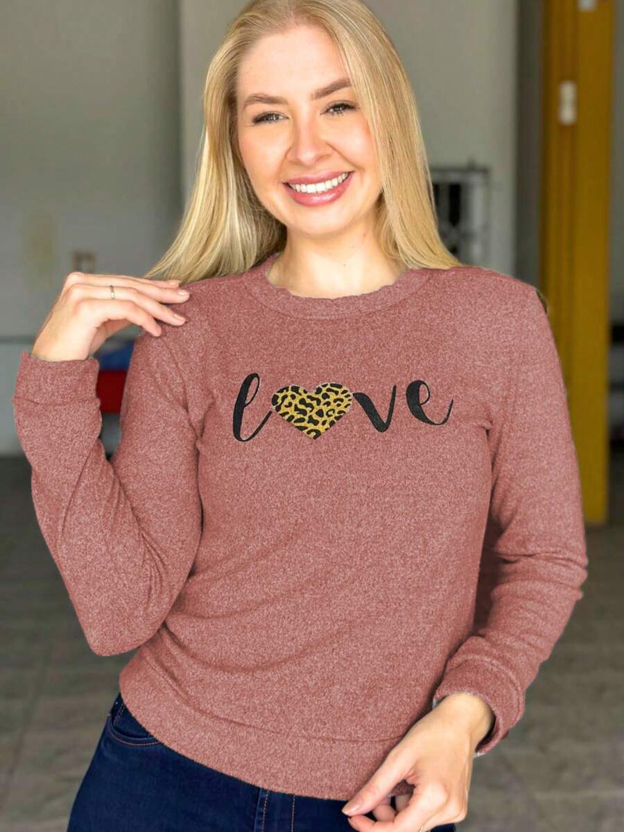 Fleece Blouse With Cuffs And Love Print, Warm Winter - 棕色 - 查看 1