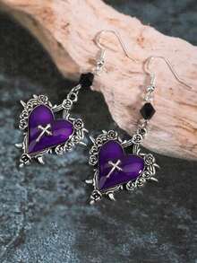 Gothic Cross, Heart, Rose Flower, Bow Knot, Thorn Decor Beaded Y2K Earrings For Women, Retro Dark Style - Purple - View 4
