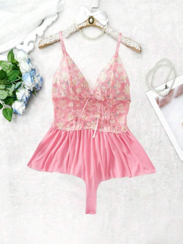 1pc Fashionable Lace & Mesh Sheer Camisole Jumpsuit, Sexy & Alluring Women's Intimate Lingerie