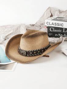 1pc Casual Bull Star Pattern Boho Rivet Bow Straw Sun Hat, Fashionable Versatile Beach Holiday Shade Hat For All Seasons