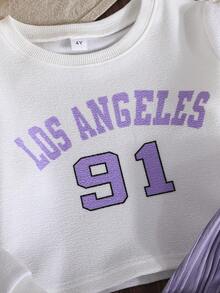 2pcs/Set Girls Letter Printed Long Sleeve Sweatshirt And Striped Pants Casual Outfit, Autumn